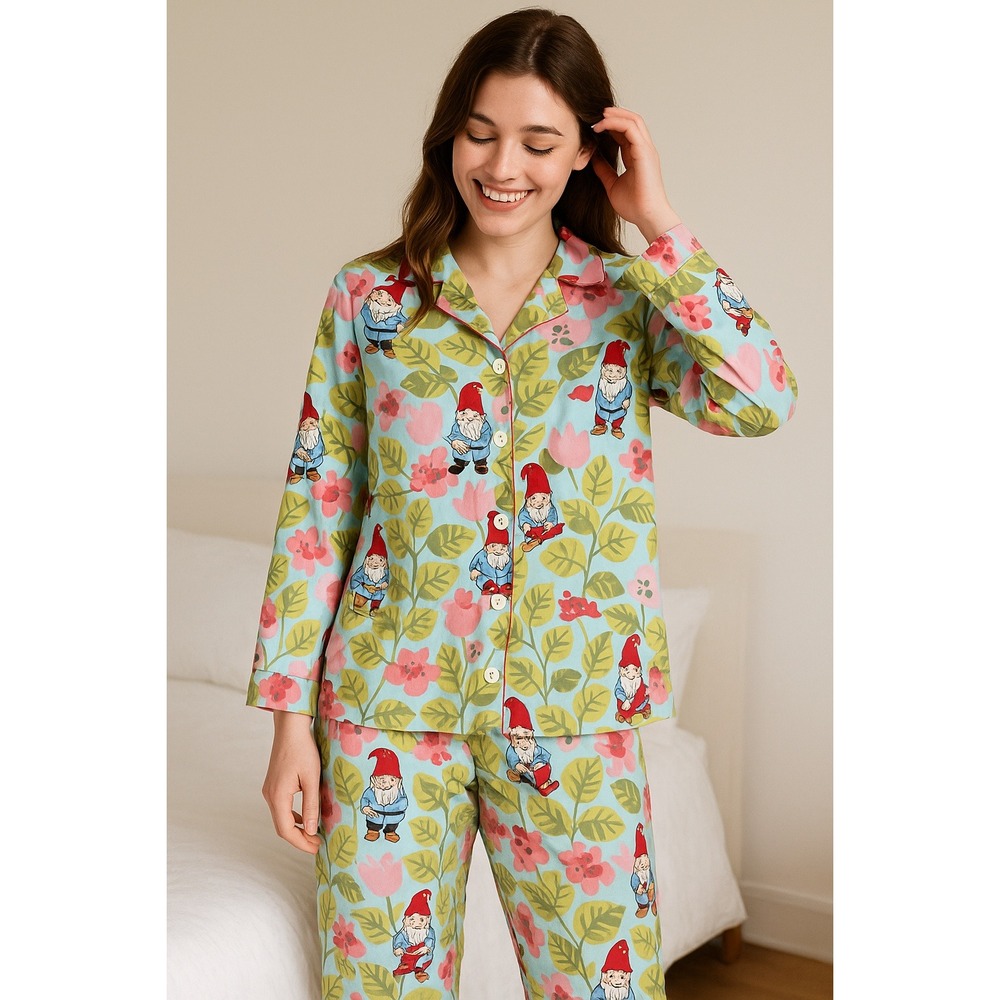 Nick & Nora Womens Pajama Set Gnomes Floral Print Blue Cotton Size M
